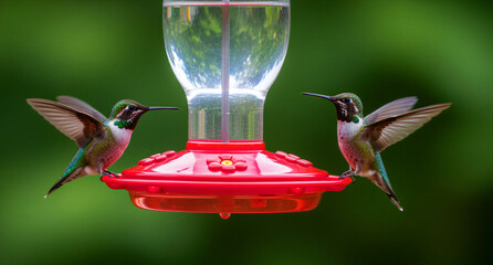 Fototapeta premium Two hummingbirds perched on a red bird feeder. Small birds with vibrant green plumage against a bokeh background. Wildlife concept for nature and garden conservation media.