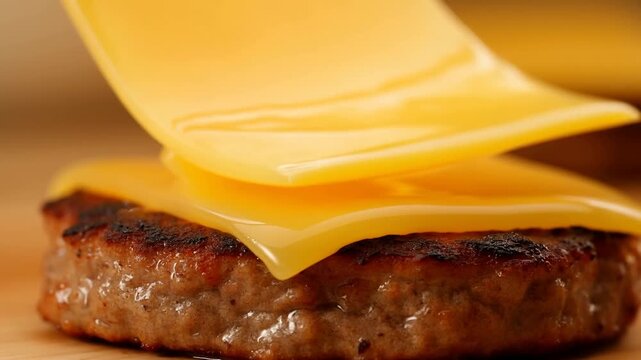 Closeup slow motion tilt of cheese slice falling and melting onto cooked sausage patty on wooden board in kitchen