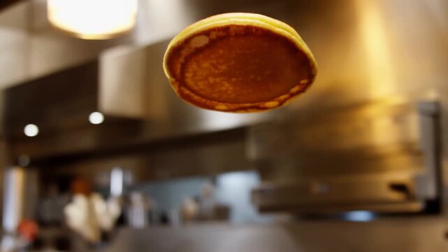 Slow motion close up of pancake flipping and landing on griddle in commercial kitchen during breakfast service