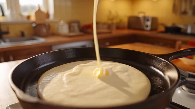 Tracking shot of pancake batter pouring and spreading into hot cast iron skillet on stovetop in home kitchen