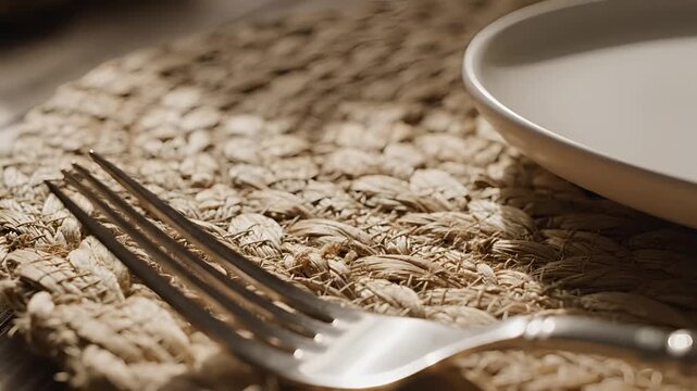 Closeup of a fork and plate on a woven placemat.
