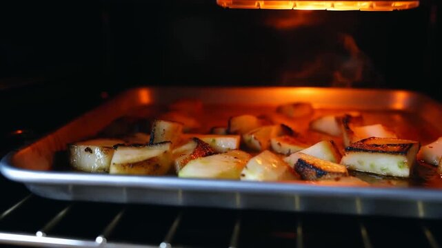 Static shot of potatoes and zucchini roasting and browning on baking tray inside oven under broiler heat