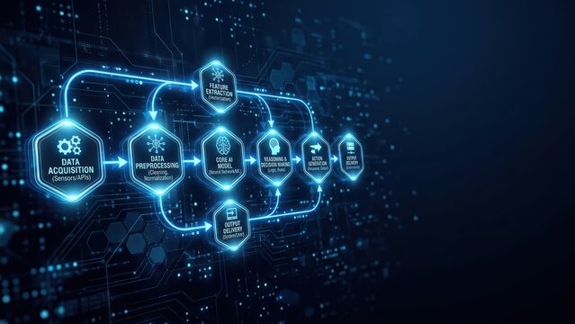 Comprehensive AI and machine learning process with data stages for intelligent automation