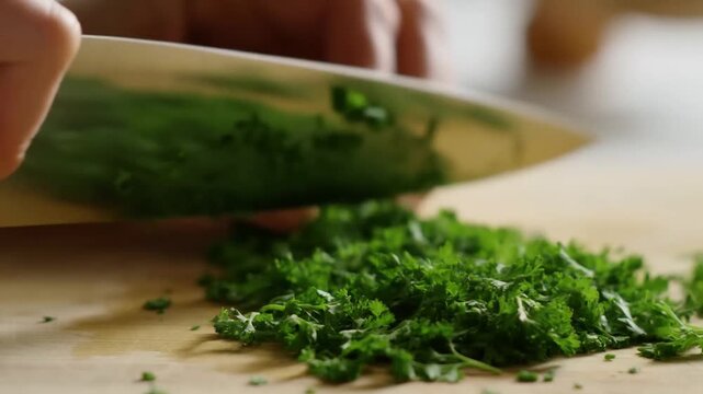 Slow motion close up of chef chopping parsley with knife on wooden cutting board in kitchen countertop prep scene