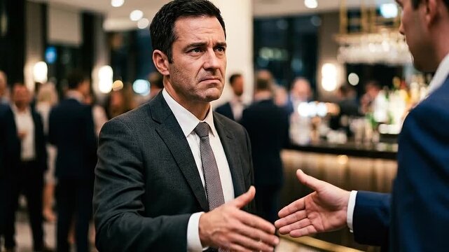 Man suit handshake awkward reception businessman tie conflict ethical decision making business networking scene hesitant businessman reaching