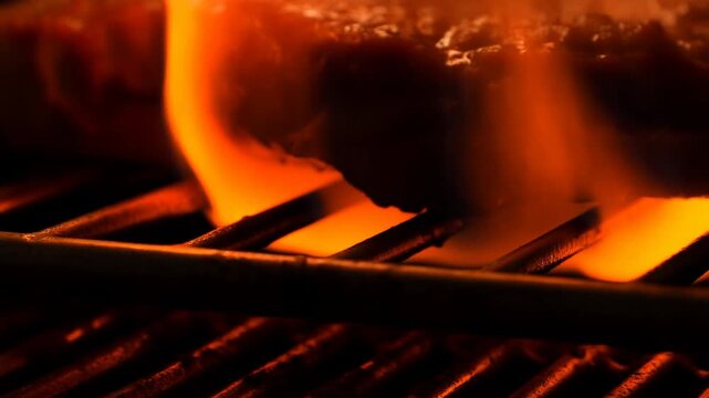 Slow motion close up of steak sizzling and searing on hot grill grate with open flames in backyard barbecue evening