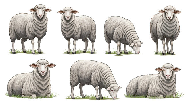 Vintage hand drawn sheep vector set, collection of 7 farm animal illustrations, rustic woolly ewes grazing and resting on white background