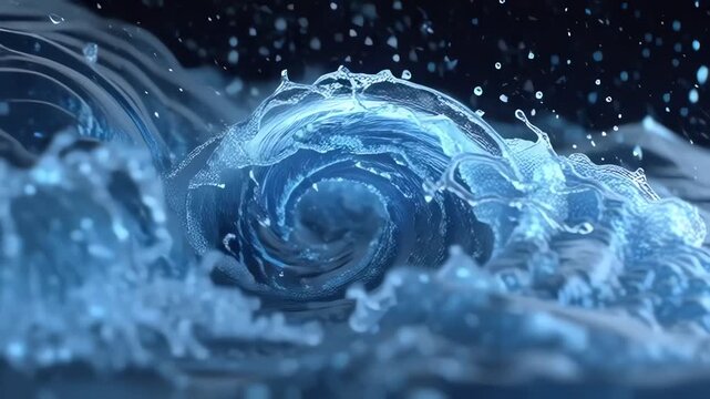 Dynamic blue water vortex swirling with splashes and droplets against a dark background, abstract liquid motion