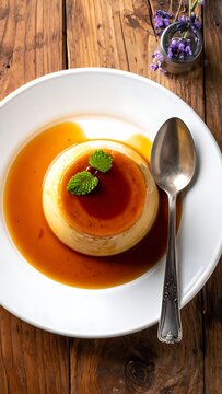 Delicious creme caramel dessert plate.