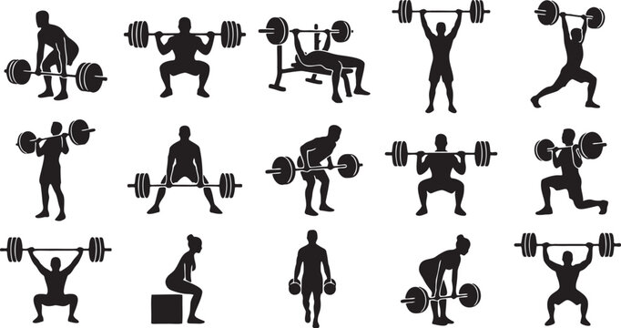 Bodybuilding and Heavy Weightlifting Fitness Vector Silhouette Icon Set.