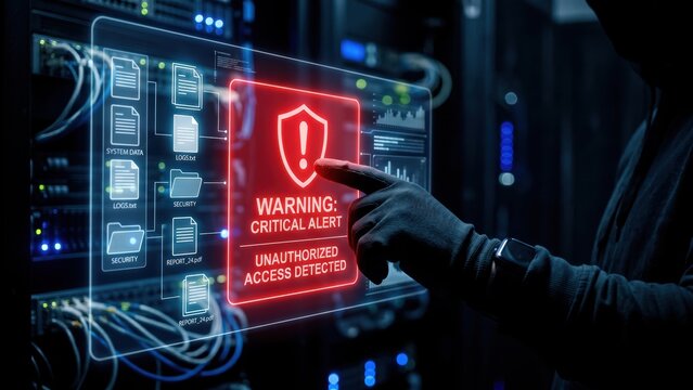 Hooded hacker triggering a critical alert on a holographic interface in a data center, signifying unauthorized access.