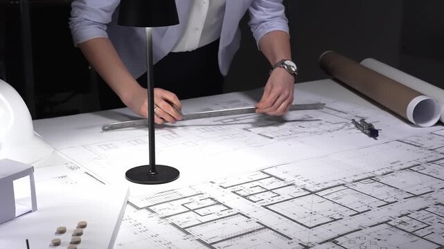 Architect developing blueprint for construction project, drafting building plan using ruler on desk with safety hard hat. Business and architect people concept