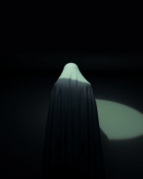 3D Ghost Hooded Figure Cloaked Phantom Spirit Apparition in Dramatic Spotlight Eerie Dark Mysterious Atmosphere 3D Illustration