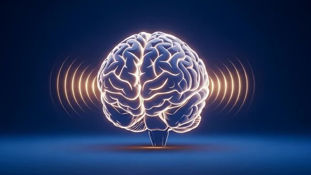 Glowing brain with neural activity portrayed via radiating concentric golden waves