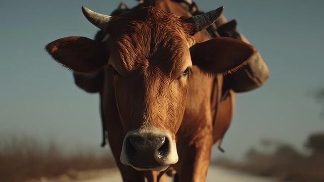 Close-up of a strong brown cow with horns carrying a load on a dusty dirt road