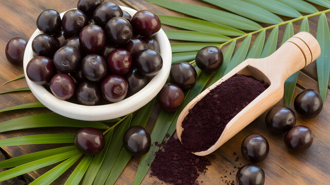 A bowl of jamun fruits and a scoop of jamun powder on a wooden table  