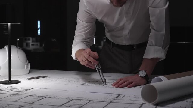 Architect working on night shift, drawing blueprints with precision ruler for new construction project design.