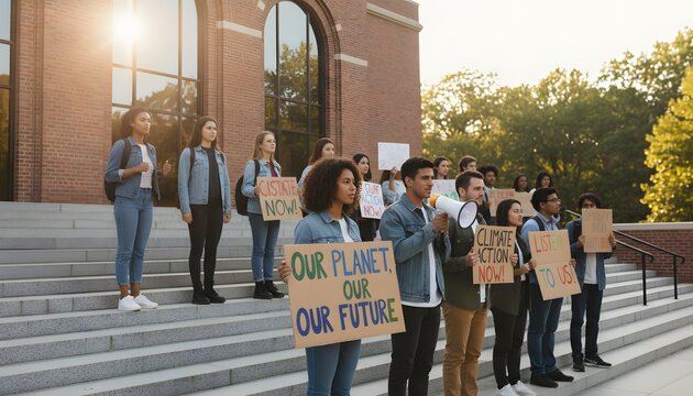 Youth activist gathering in a color image on university stairs for a climate change protest concept, students holding signs for environmental justice outdoors