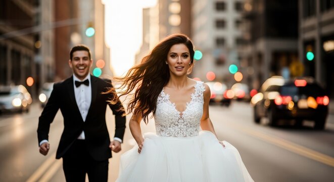 happy newlywed couple running down city street on wedding day