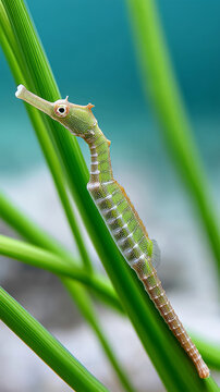 Halimeda ghost pipefish camouflaged among vertical algae stalks in marine habitat