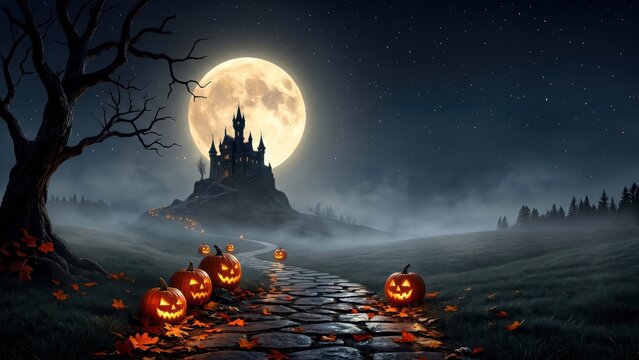 Mysterious Full Moon Halloween Night Haunted Castle, Glowing Pumpkins, and Eerie Path
