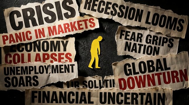 Global Economic Crisis and Recession Concept with Man Silhouette and Newspaper Headlines