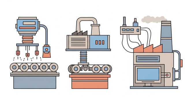 Industrial factory machines and production line equipment illustration.