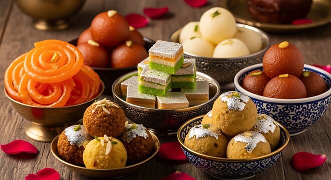 Assortment of colorful indian sweets arranged in decorative bowls