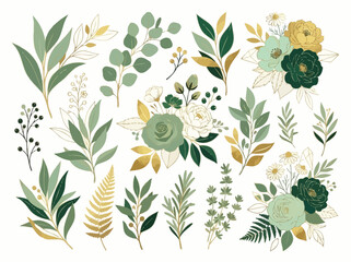 Elegant Sage Green and Gold Floral Vector Set with Roses, Eucalyptus, and Leaves for Wedding Invitations and Luxury Stationery Design © Doriano