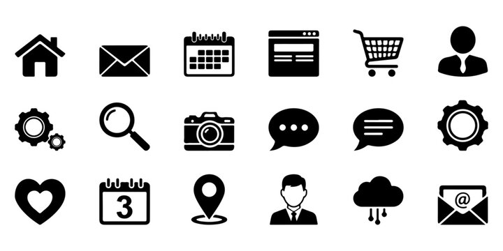 Minimalist black web icons set, 18 professional interface symbols for business and navigation, flat vector UI elements for website design