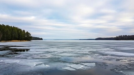 Obraz premium Frozen Lake Landscape with Ice and Distant Forest Line