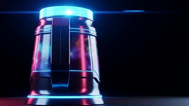 Neon-lit futuristic container displaying a galaxy, against a dark background, sleek design