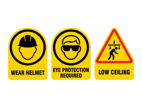 Three yellow warning signs display wear helmet, eye protection required, and low ceiling safety symbols on white.