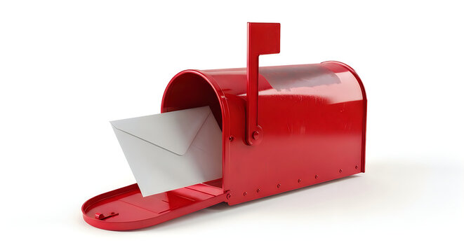 A red mailbox with an envelope sticking out