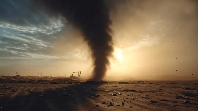 Dramatic tornado swirls in arid desert at golden sunset, highlighting environmental impact