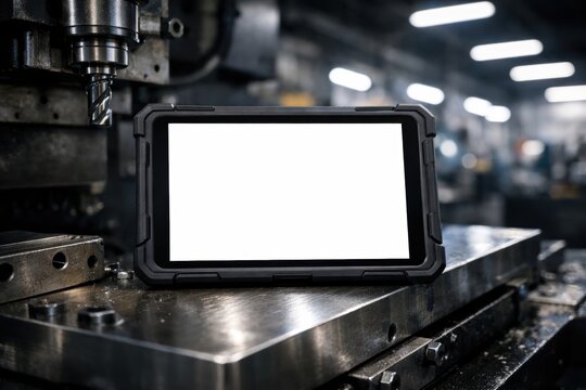 rugged tablet mockup with blank white screen on metal machinery in heavy industrial factory setting concept of manufacturing engineering logistics