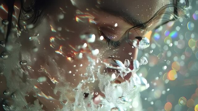 Close-up of serene face immersed in water, sparkling light refractions, ethereal bokeh effects