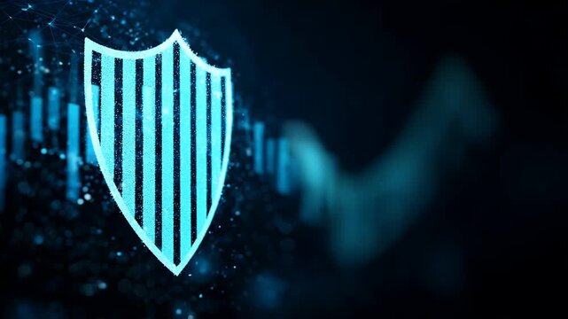 Digital shield icon protecting stock market trading data and financial analytics with blue particle animation representing cyber security and risk management for global investment technology.