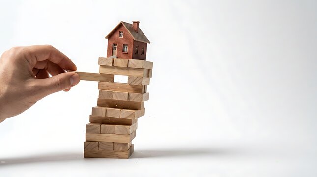Risk and Stability Concept &ndash; Hand Removing Wooden Block from Tower with House Model on Top