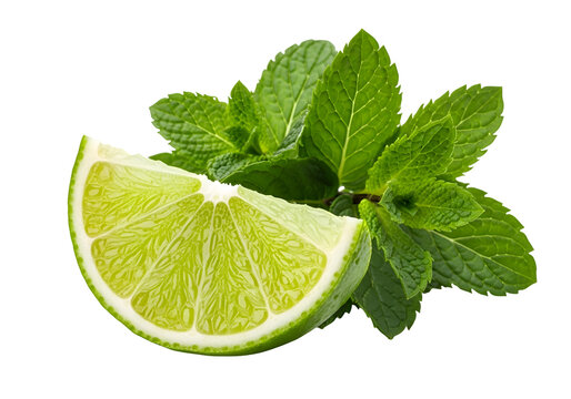 Bright Green Lime Slice and Fresh Mint Sprig on white background , Isolated on Transparent Background, PNG, Generative AI 