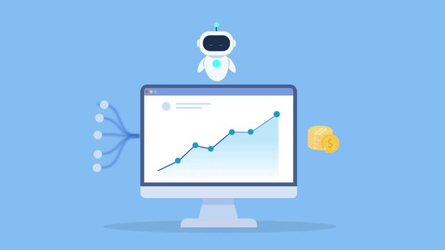 Minimal flat animation of a desktop monitor displaying a rising data chart with connected nodes, a robot assistant, and a brain icon, representing AI analytics, machine intelligence, and smart data pr