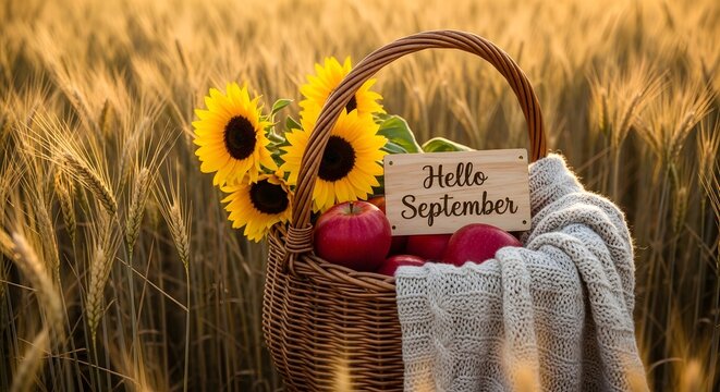 A wicker basket with sunflowers, apples, and a 'Hello September' sign sits in a golden wheat field with a blanket