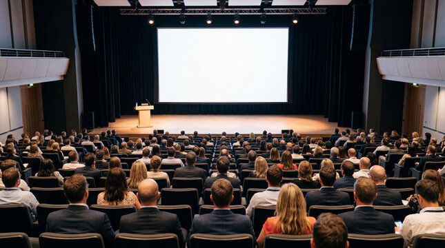 Massive blank projection screen mockup on stage with podium in large auditorium full of people. Perfect for global summit keynote speech university lecture and event banner templates
