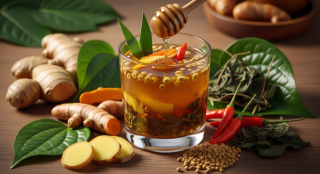 Traditional Indonesian Herbal Drink Jamu with Natural Ingredients, Healthy Organic Beverage Concept