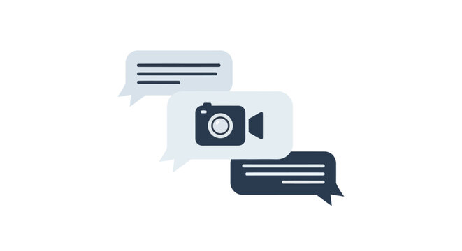 Communication icons within chat bubbles representing online messaging with media sharing capabilities conveying digital conversation and social media interaction on a clean white