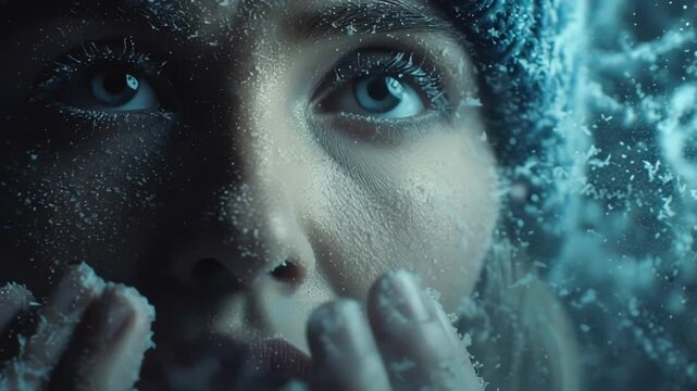 Intense close-up of a person's frozen face and hands, blue eyes, wearing a knitted hat in winter