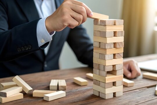 Businessman carefully placing wooden block on tall tower of blocks with business strategy decision challenge concentration corporate planning construction building investment gameplay