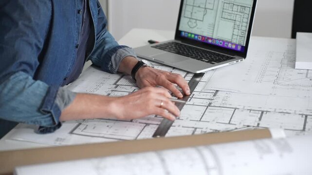 Architect sketching building plans on paper using a ruler and pen while working digitally on a laptop with a blueprint software displaying a floor plan