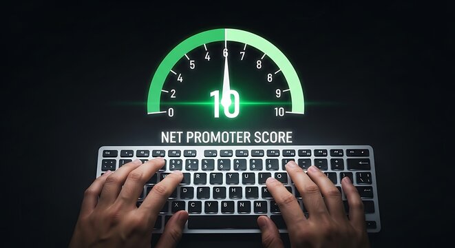 High Net Promoter Score NPS meter with 10 score and keyboard with hands typing.