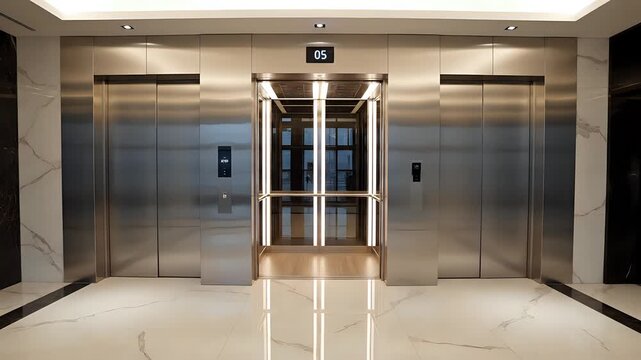 Modern Elevator Lobby with Three Stainless Steel Doors and Digital Display.